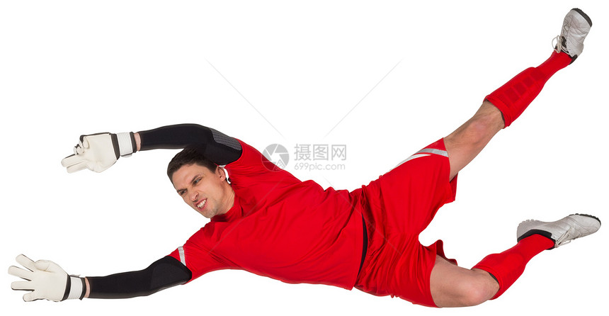 完美目标守门员跳起来齿轮运动足球男性男人活动播放器运动员运动服红色图片