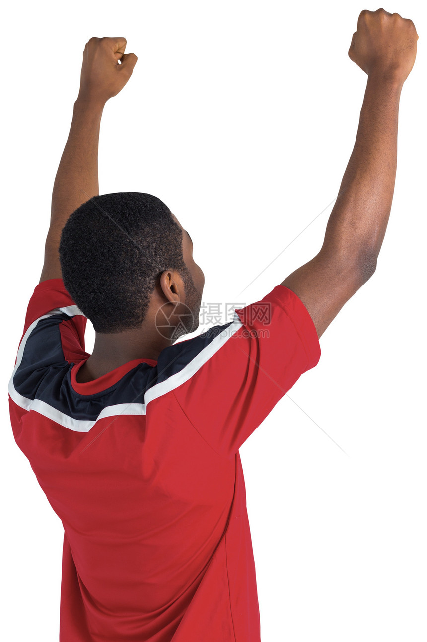 兴奋的英俊英俊足球粉丝欢呼运动红色男性杯子支持者优胜者黑色男人扇子活力图片