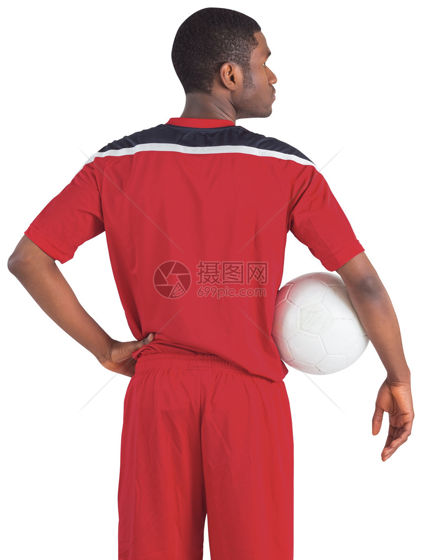 穿红球衣的英俊足球运动员男性黑色齿轮播放器运动运动服男人活动图片