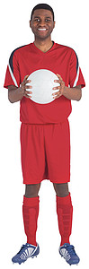 穿红球衣的英俊足球运动员男人快乐男性微笑播放器运动服黑色运动活动齿轮背景图片