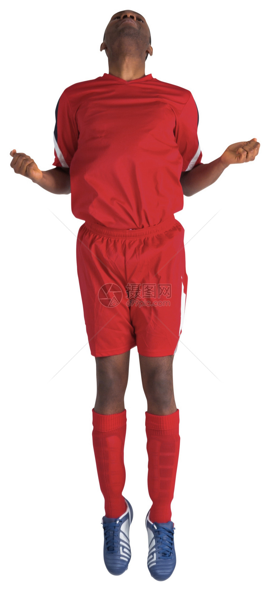 红跳的足球运动员跳跃运动齿轮播放器男人活动运动服黑色男性图片
