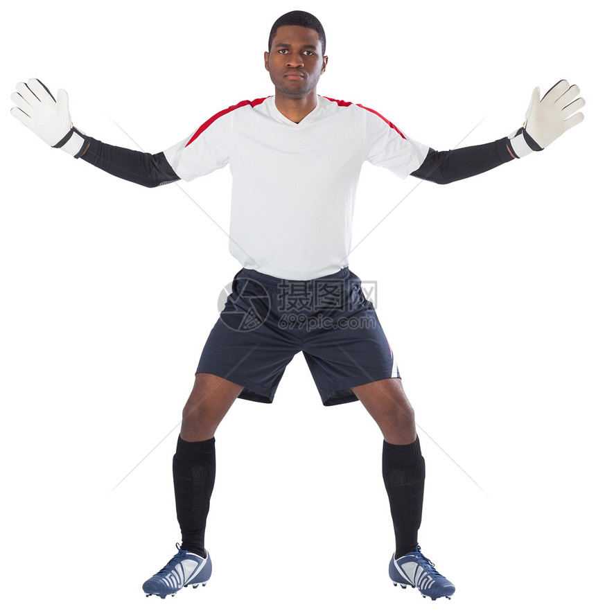 白色的守门员准备拯救齿轮足球男性运动运动员黑色播放器运动服男人活动图片