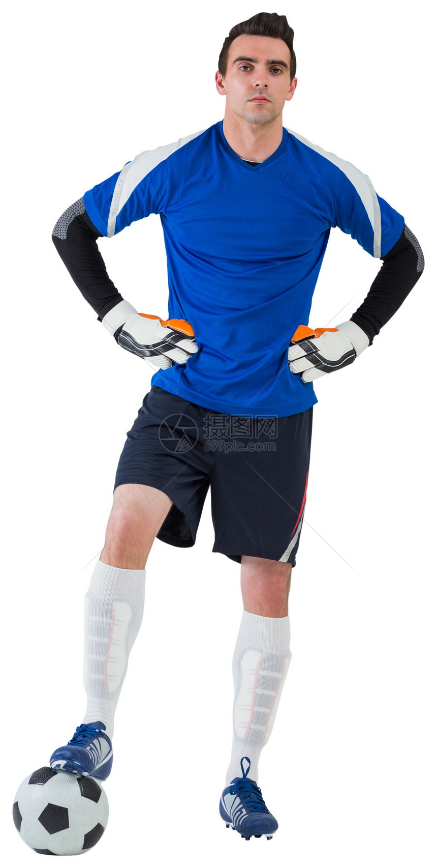 穿蓝球衣的帅美守门员男人运动足球运动服男性齿轮运动员播放器活动图片