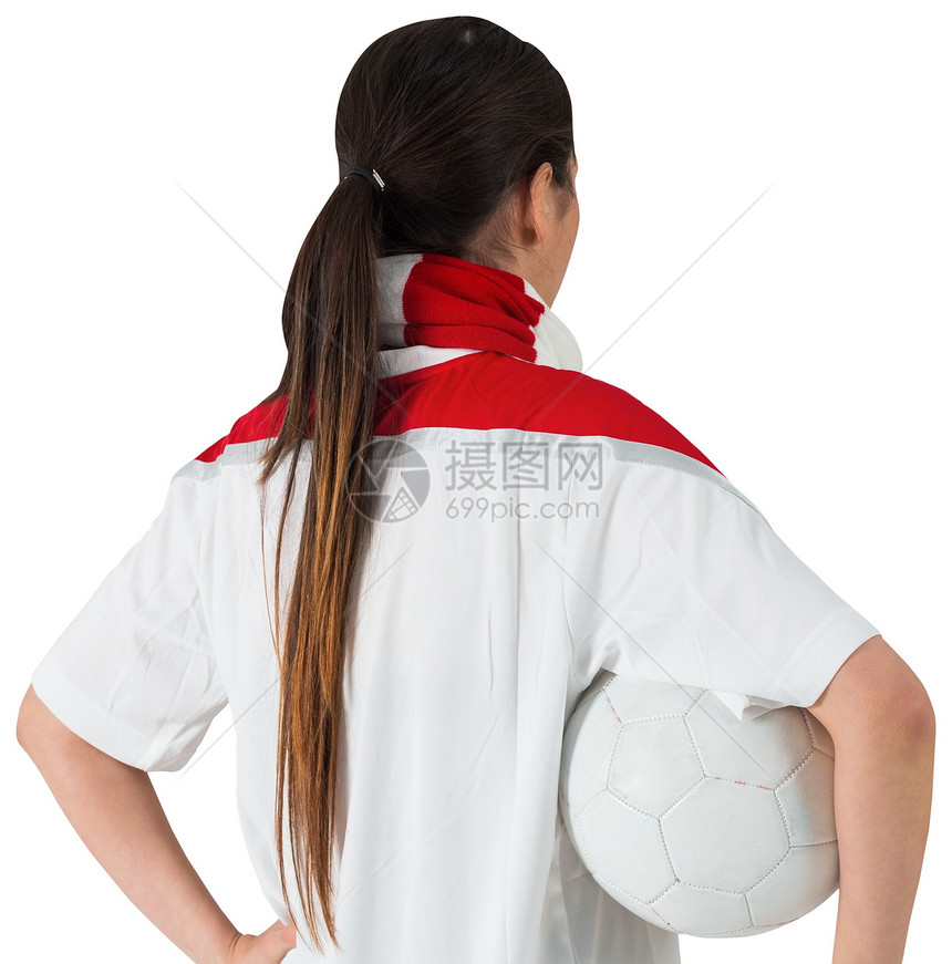 白色握着球的足球风扇观众女性围巾运动混血活力球衣条纹杯子扇子图片