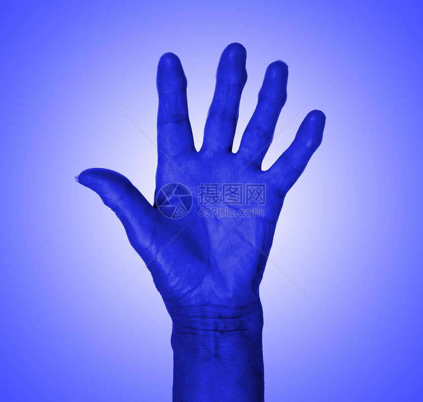 手符号 说五声打招呼或者说停止成人蓝色皮肤手腕数字拇指指甲商业数数手势图片