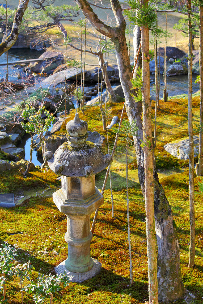 日本花园的石灯笼精神冥想溪流石头小路叶子花瓣植物森林衬套图片