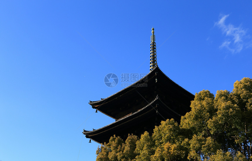 五层寺庙 春天五层塔 京都 日本遗产历史宝塔建筑天空世界蓝色图片