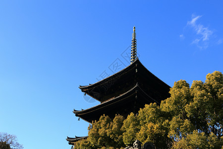 五层寺庙 春天五层塔 京都 日本遗产历史世界建筑宝塔天空蓝色背景图片