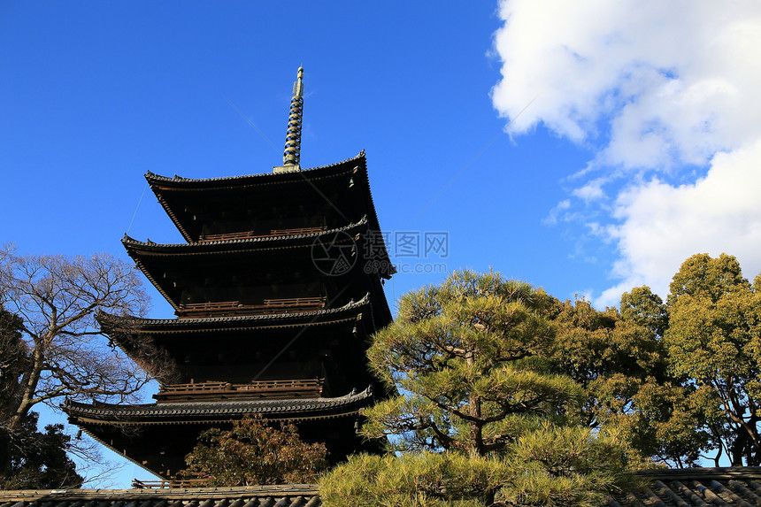 五层寺庙 春天五层塔 京都 日本蓝色世界遗产天空宝塔历史建筑图片