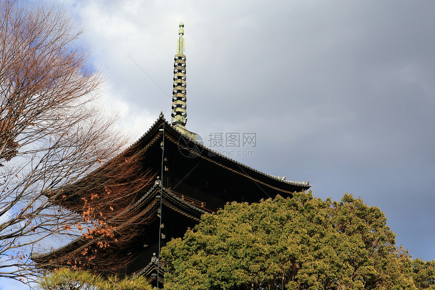 五层寺庙 春天五层塔 京都 日本遗产蓝色世界宝塔建筑历史天空图片