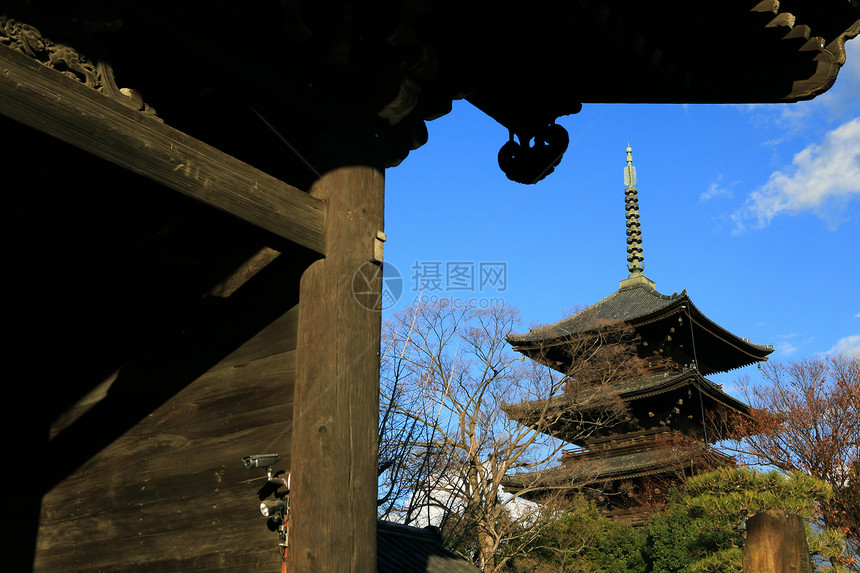 五层寺庙 春天五层塔 京都 日本遗产世界蓝色宝塔历史建筑天空图片