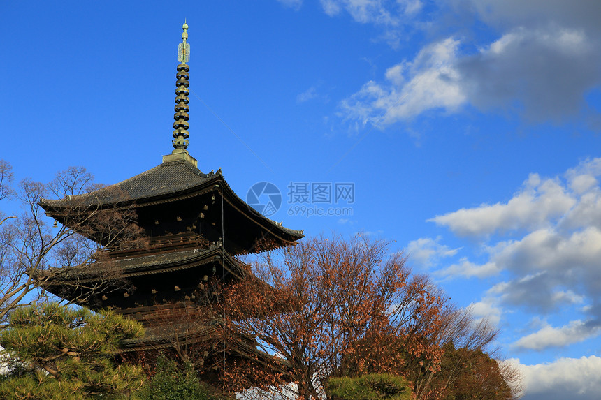 五层寺庙 春天五层塔 京都 日本蓝色世界天空遗产宝塔建筑历史图片