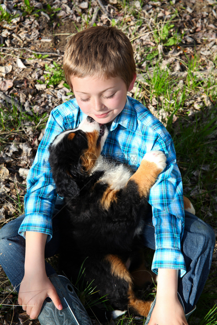 男孩和小狗动物休息场地宠物孩子男生伴侣犬类朋友绿色图片