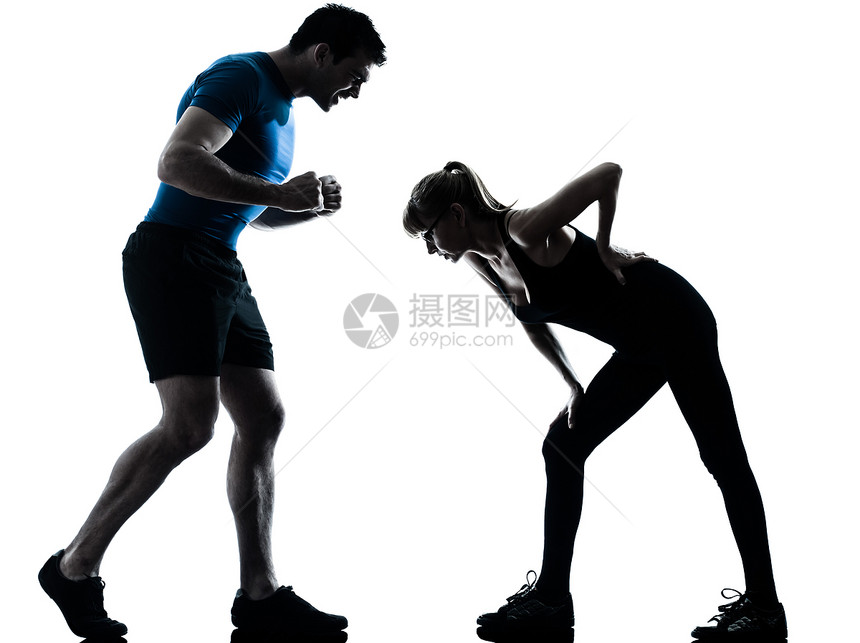 与成年妇女一起使用光影的有氧指示器阴影运动培训师男人辅导健康女士运动装训练教练员图片