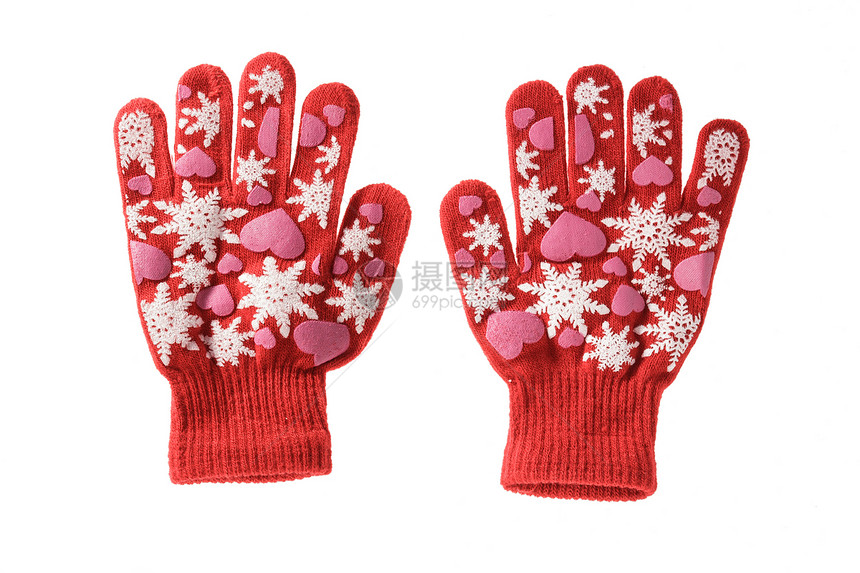 红色编织布式儿童手套 在白面包上隔离羊毛孩子天气衣服针织白色手指服装孩子们女士图片