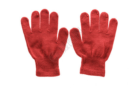 红色编织布式儿童手套 在白面包上隔离女士天气羊毛服装孩子们衣服针织手指白色孩子背景图片