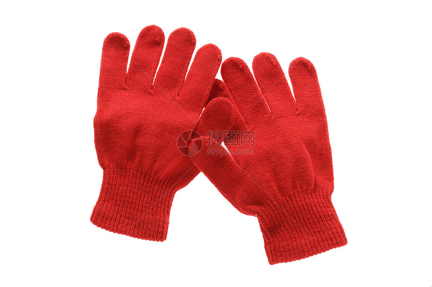 红色编织布式儿童手套 在白面包上隔离衣服服装羊毛孩子手指天气针织女士孩子们白色图片