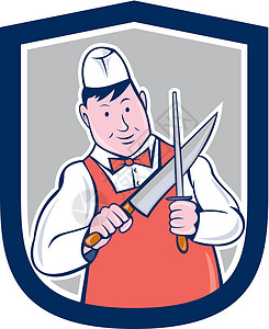 屠夫磨刀卡通男人刀具工人艺术品波峰锐化卡通片男性插图背景图片