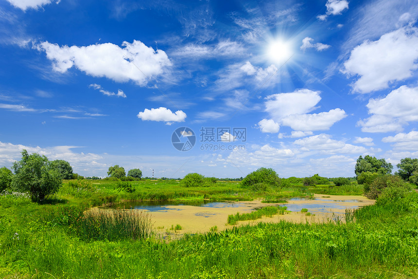 夏季风景池塘草地草药天空场地农村牧场季节远景蓝色图片