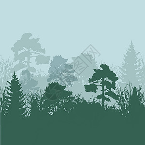 矢量图的树剪影孤独生长绿色插图黑色树木桤木森林云杉桦木插画