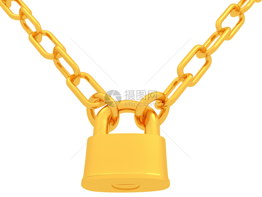 白色背景的金链和挂锁隔绝安全插图金属隐私秘密力量保障锁孔警卫金子图片