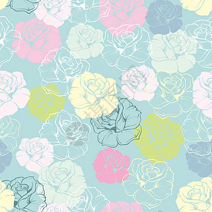 在柔和的蓝色背景上用粉色 黄色 绿色 白色和蓝色复古玫瑰平铺花卉矢量图案 美丽的抽象纹理与五颜六色的花朵 用于桌面墙纸或网站设计背景图片