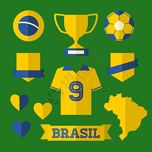巴西图标收藏集丝带冠军旗帜黄色衣服短裤锦标赛绿色杯子传统背景图片