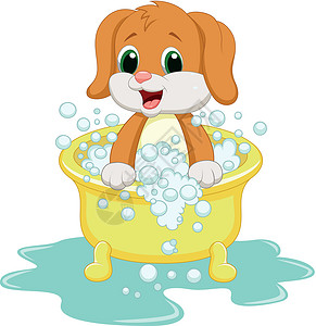 洗衣盆狗浴肥皂犬类婴儿卡通片温泉微笑洗衣插图欢呼夹子插画