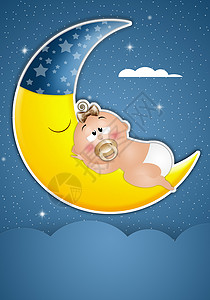 月亮上的宝宝睡眠天空星星背景图片