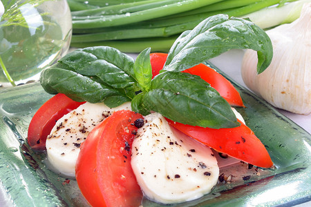 番茄和马扎里拉洋葱蔬菜盘子黄瓜减肥饮食韭菜沙拉微量元素青葱背景图片