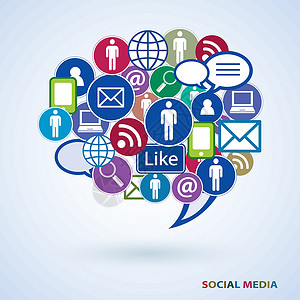 媒体大脑社交媒体图标演讲讲话气泡团体话框互联网语音电子邮件气球社交网络插画