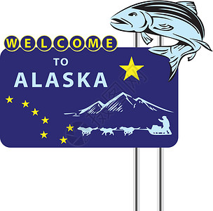 很好地欢迎来到阿拉斯加数字横幅雪橇艺术令牌卡通片城市摊位旗帜红色插画