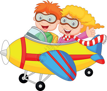 特技飞行的飞机上可爱的男孩女孩男生漫画插图旅行螺旋桨跑道特技孩子导航玩具插画