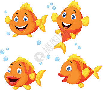 曲紋唇魚可爱鱼卡通漫画集集小丑微笑热带游泳气泡手势橙子金子金鱼海洋插画