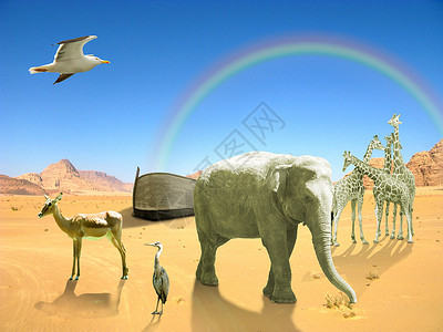 大象与样式诺亚的弧形 大象 鸟 长颈鹿 在沙漠中与彩虹背景