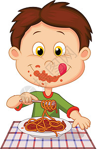 男孩吃意大利面食欲喜悦婴儿面条小吃漫画男生男性童年营养插画