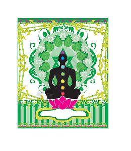 前克拉迪纳瑜伽莲摆姿 帕德马萨纳和查克拉点卡片冥想瑜伽框架精神健身房呼吸男生竹子宗教插画