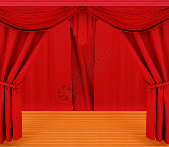 红窗帘和木制场地板背景图片