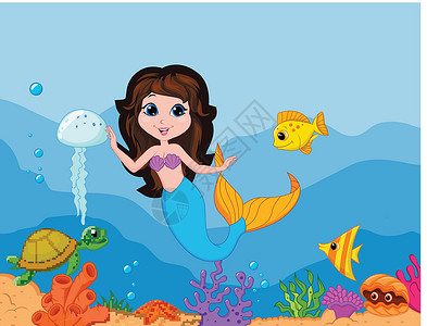 海洋扇贝美人鱼美人鱼可爱漫画幸福世界乐趣绘画卡通片微笑蓝色女孩珊瑚神话插画