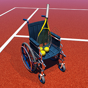 残疾人网球3D插图玩家法庭竞赛椅子球拍运动员截瘫游戏残障背景图片
