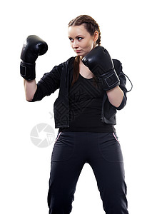 身着白底拳击手套的年轻女子白色黑色女孩拳击手成人工作室女性运动女士力量背景图片