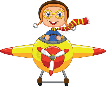 开飞机小男孩小男孩操作平板机衬衫航空跑道特技卡通微笑飞机航海机场男生插画