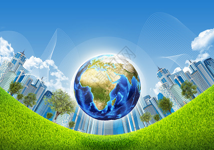 地球 绿草和摩天大楼草地建筑玻璃城市爬坡办公室小丘场地场景太阳背景图片