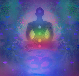前克拉迪纳瑜伽莲的姿势 有彩色查克拉点的帕德马萨纳宗教运动竹子光环瑜伽身体冥想瑜珈活力康复背景