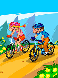 自行车扁平插图骑自行车的卡通青少年插图背景