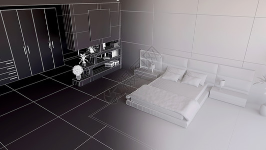 3D 电线框中卧室的立体变形白色计算机房间太阳房子黏土天花板内饰公寓衣柜背景图片