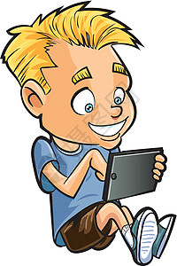 小男孩头顶平板电脑使用电脑平板电脑的小男孩卡通插画