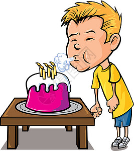 卡通小男孩吹蜡烛火焰念日男生男性蛋糕生日插图卡通片派对卡片背景图片