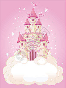 粉红天空城堡粉色云景想像力插图艺术品卡通片星星艺术旗帜绘画背景图片