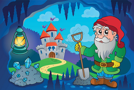 水晶城堡童话故事洞穴中的矮人设计图片